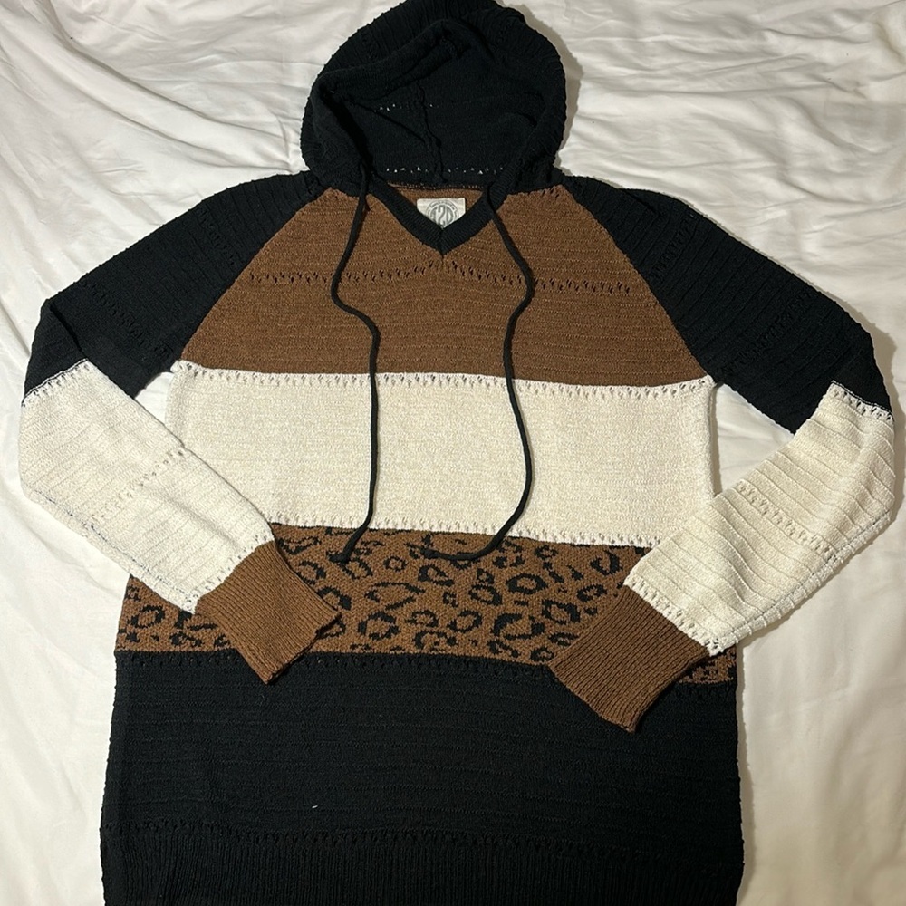 Colorblock V-Neck Sweater with Hood
